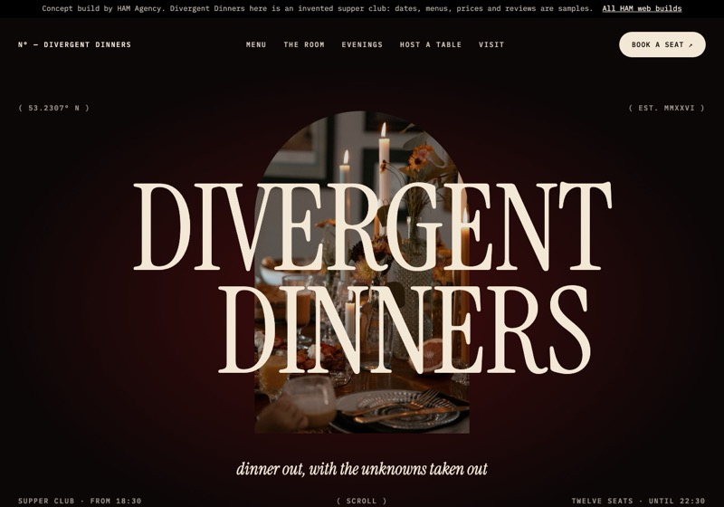Home page of the Divergent Dinners concept build
